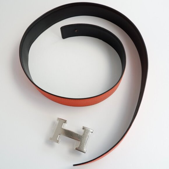 Authentic Preowned Hermes Black/ Orange Leather Martelee H Belt - 85 - Picture 1 of 14